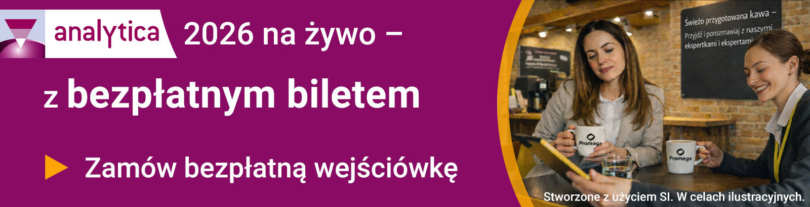 Baner targów Analytica 2026 z stoiskiem Promega, kawą i rozmowami z ekspertami